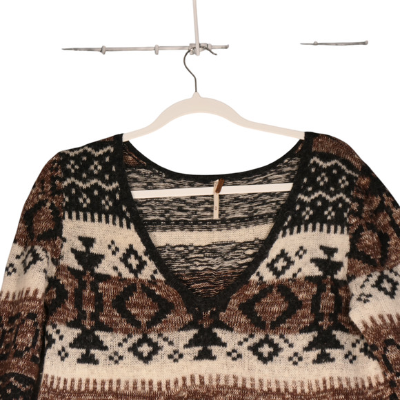 Free People Tunic Sweater Women Medium Brown Aztec Tribal Wool Alpaca Blend Boho - Picture 3 of 11